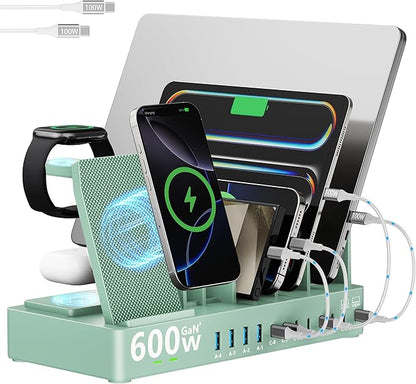 600w Charging Station for Multiple Devices, 15 in 1 Wireless Charger with 2pack 100w USB C Charger Cable, Dual 100w USB C Tablet Charging Station for MacBook,iPhone,iPad,Tablet(Green)