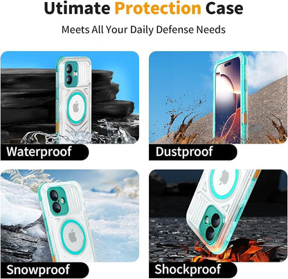 for iPhone 16 Waterproof Case, Compatible with MagSafe, IP68 Built-in Camera Control, Military Shockproof & Screen Protector for Water Sports, 6.1 Inch Frosted Teal
