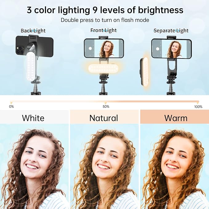 Stable Selfie Stick Tripod with Fill Light, 44 Inch Extendable Selfie Stick with Wireless Remote and Tripod Stand 360 Rotation for iPhone 15/14/13/12/11 Pro/XS Max/XS/XR/X/8/7, Samsung and Smartphone