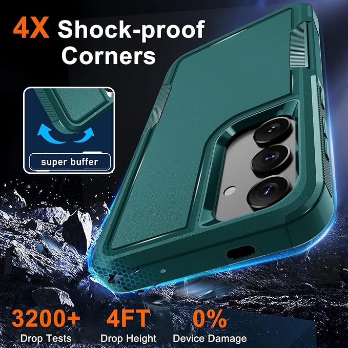 RMOCR Case for Samsung Galaxy S25, Full Body Heavy Duty Rugged Shockproof Protective Phone Cover with Lanyard Strap, Tempered Glass Screen Protector and Camera Lens Cover, Dark Green