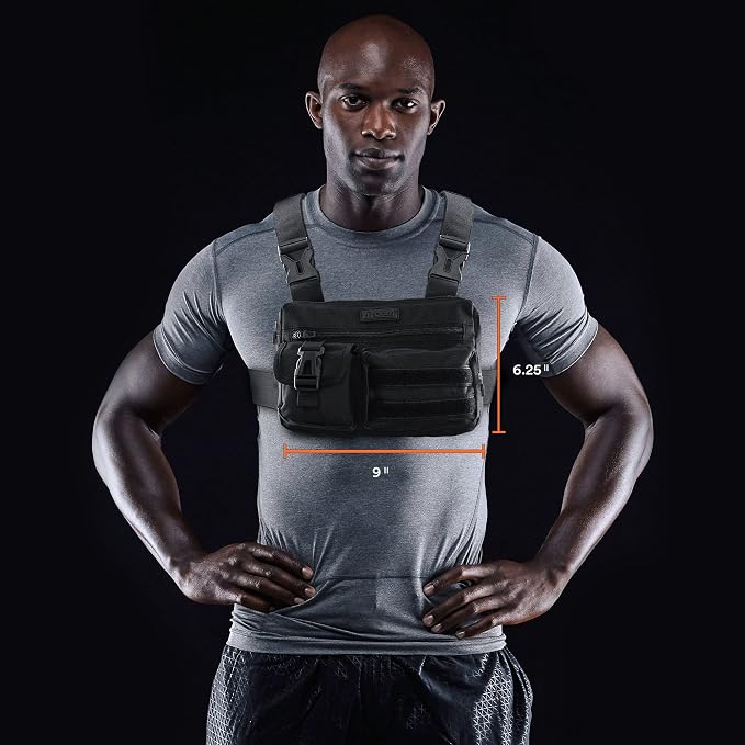 Fitdom Tactical Inspired Lightweight Running Chest Pack For Men With Built-In Phone Holder. A Sports Utility Rig Vest Made For Workouts And Outdoor