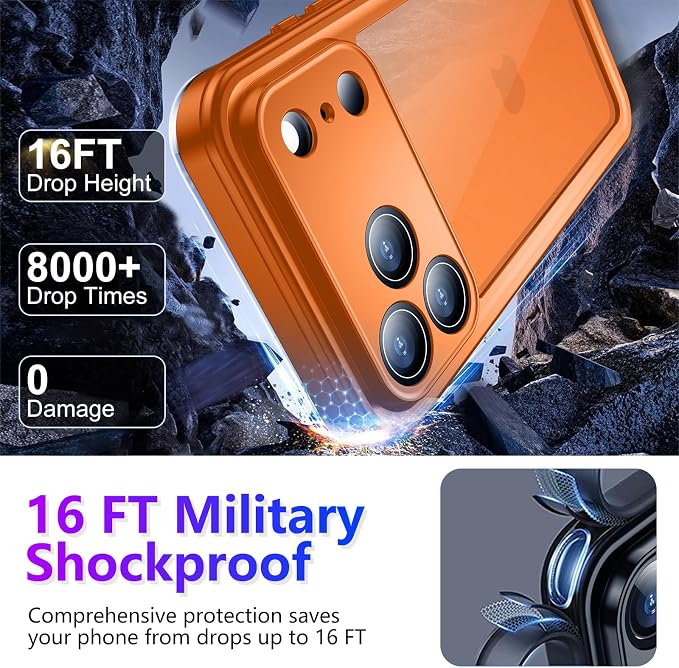 Temdan Compatible with iPhone 17 Pro Max Case,Waterproof Built-in Screen & Camera Protector IP68 Underwater Full Body 17FT Military Dropproof Shockproof Phone Case 6.9"-Orange/Clear