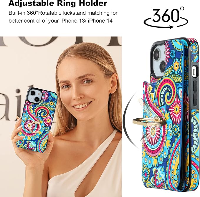 HAOPINSH for iPhone 13/ iPhone 14 Wallet Case with Card Holder, 360°Rotation Ring Kickstand, Paisley Pattern, RFID Blocking Leather for Girls Women, Double Buttons Flip Protective Cover 6.1"