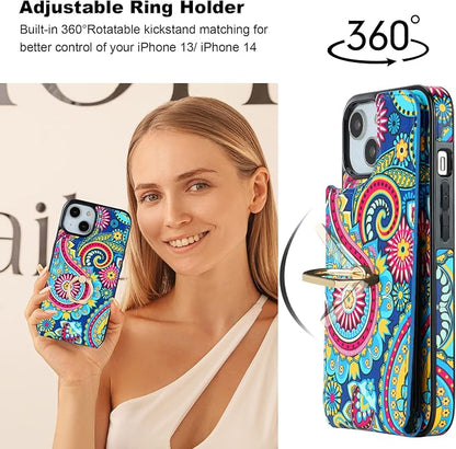 HAOPINSH for iPhone 13/ iPhone 14 Wallet Case with Card Holder, 360°Rotation Ring Kickstand, Paisley Pattern, RFID Blocking Leather for Girls Women, Double Buttons Flip Protective Cover 6.1"