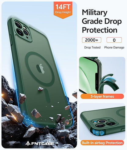 FNTCASE for iPhone 11 Pro Max Case: [Compatible with Magsafe] Translucent Matte Magnetic Cases [Full Camera Protection] Military Grade Shockproof Protective Phone Cover - Green