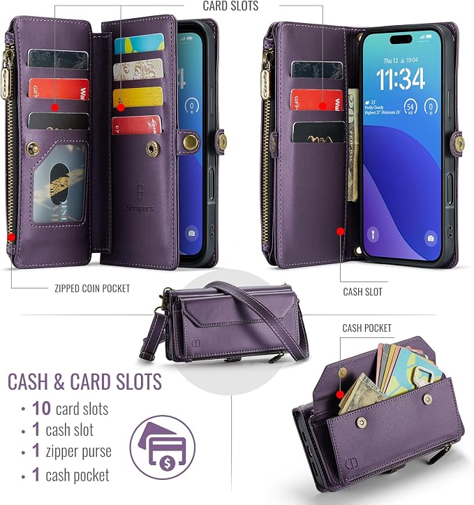 Strapurs Wallet Case Compatible with iPhone 16 Pro Max 6.9" RFID Blocking 10-Card Holder Soft PU Leather Magnetic Snap Shoulder Strap Zipper Pocket Phone Case Fit for iPhone 16 Pro Max - Purple