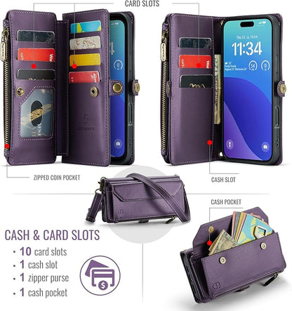 Strapurs Wallet Case Compatible with iPhone 16 Pro 6.3" RFID Blocking 10-Card Holder Soft PU Leather Magnetic Snap Shoulder Strap Zipper Pocket Phone Case Fit for iPhone 16 Pro for Women - Purple