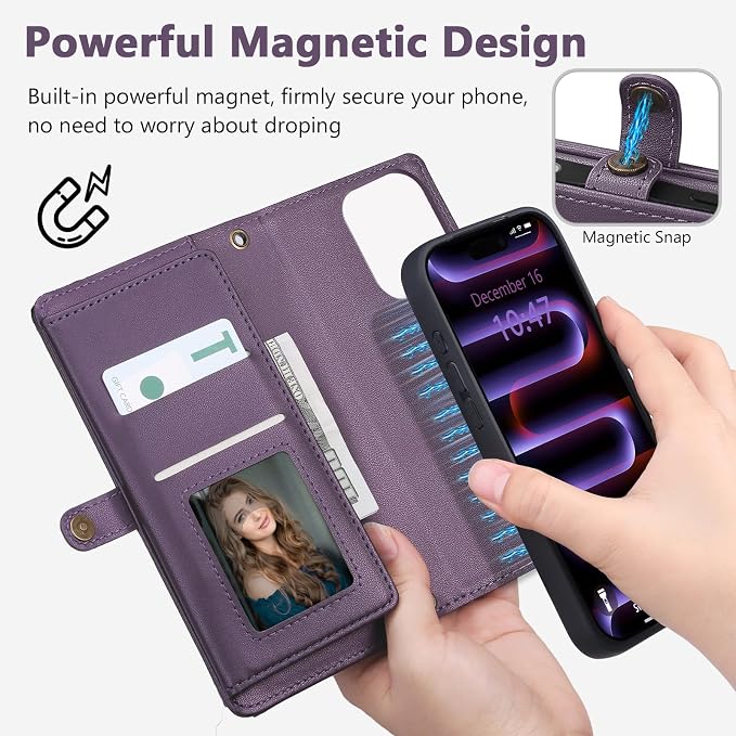 Wallet Case for iPhone 16 Pro Max with Card Holder/Crossbody Wallet/Strap| RFID Blocking | Magnetic | Kickstand | Detachable | PU Leather Phone Case for iPhone 16 Pro Max,6.9 in,Purple