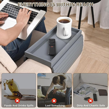 Bamboo Sofa Arm Tray, Anti-Dropping Couch Arm Tray, Foldable Sofa Armrest Tray Couch Arm Table for Eats, Drinks, Snacks, Remote, Cellphone, Cup Holder, Back Anti-Slip Pad Design