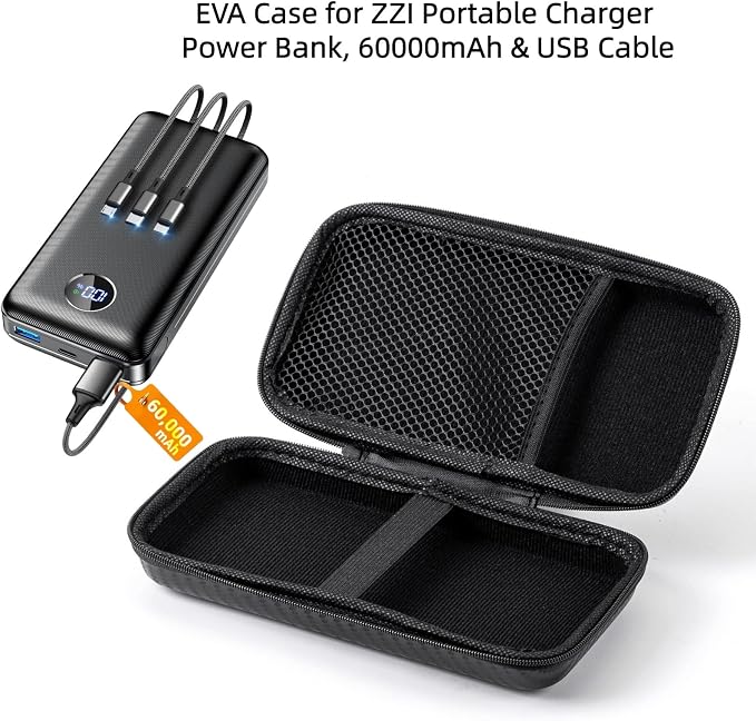 EVA Case for ZZI Portable Charger Power Bank 60000mAh & 3-in-1 USB Cable, Drop-Proof & Wear-Resistant, Hard Carrying Case