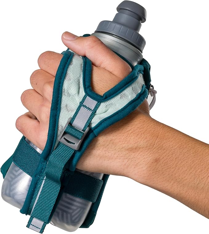 Nathan SpeedDraw 2 Insulated Handheld Running Water Bottle Flask – Double-Wall Insulation, Ergonomic Grip, Blast Valve Cap, Phone & Key Storage Pockets, Reflective Design, 12oz Insulated - Deep Teal