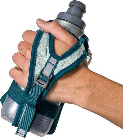 Nathan SpeedDraw 2 Insulated Handheld Running Water Bottle Flask – Double-Wall Insulation, Ergonomic Grip, Blast Valve Cap, Phone & Key Storage Pockets, Reflective Design, 12oz Insulated - Deep Teal
