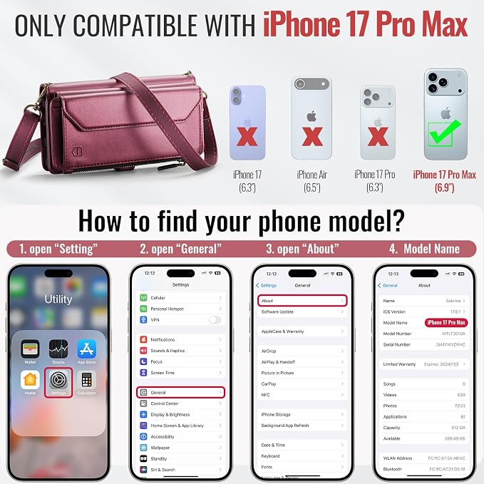 Strapurs Wallet Case Compatible with iPhone 17 Pro Max 6.9" RFID Blocking 10-Card Holder Soft PU Leather Magnetic Snap Shoulder Strap Zipper Pocket Phone Case Fit for iPhone 17 Pro Max - Wine Red