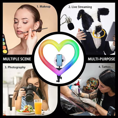 Heart Ring Light, 13" Desk Ring Light with Extendable Selfie Stick Stand for Laptop Video Conference Lighting with Phone Holder Height Adjustable 47 Color Modes for Live Stream/Makeup Compatible