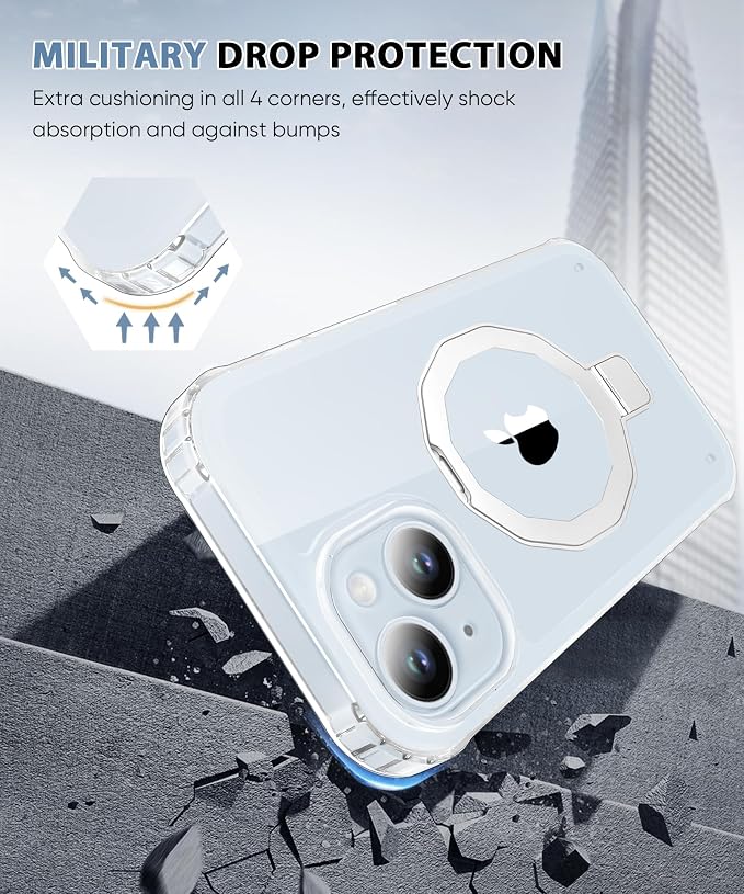 for iPhone 15 Case, with Screen Protector + Camera Lens Protector, Built-in Seamless Stand, [Compatible with MagSafe] Protective Shockproof Phone Case, Cover for iPhone 15 - Clear
