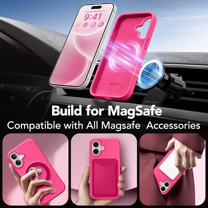 GONEZ Magnetic for iPhone 16 Case, Compatible with MagSafe, [Screen Protector + Camera Lens Protector], Liquid Silicone Shockproof Protective Phone Case for iPhone 16 6.1", Hot Pink