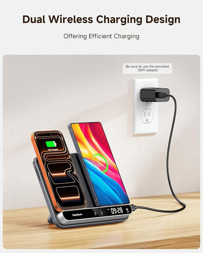 Dual Wireless Charger Stand, SwanScout 504, Foldable Wireless Charging Station Pad for iPhone Air/17/16/15/ Series, Samsung Galaxy S25/S24/S23, Android Phones, AirPods/Galaxy Buds (Black & Tech Grey)