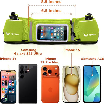 No.1 Hydration Belt by Runtasty - Premium Running Fuel Belt w/2 BPA-Free 10 oz Water Bottles, Tilt-Up Pocket w/Touchscreen-Ready Cover - Fits All iPhones, Runners Ebook & No-Bounce Design