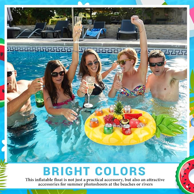 FillTouch Floating Drink Holder for Pool, Floating Cabana Bar, Hot Tub Drink Holder for Adults, Inflatable Pool Accessories(Classic Pineapple)