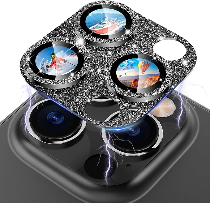 CloudValley for iPhone 14 Pro/iPhone 14 Pro Max Glitter Camera Lens Protector, 9H Tempered Glass [All in 1 Design], Case Friendly Anti-Scatch High Definition, GlitterBlack