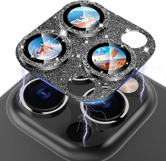CloudValley for iPhone 14 Pro/iPhone 14 Pro Max Glitter Camera Lens Protector, 9H Tempered Glass [All in 1 Design], Case Friendly Anti-Scatch High Definition, GlitterBlack
