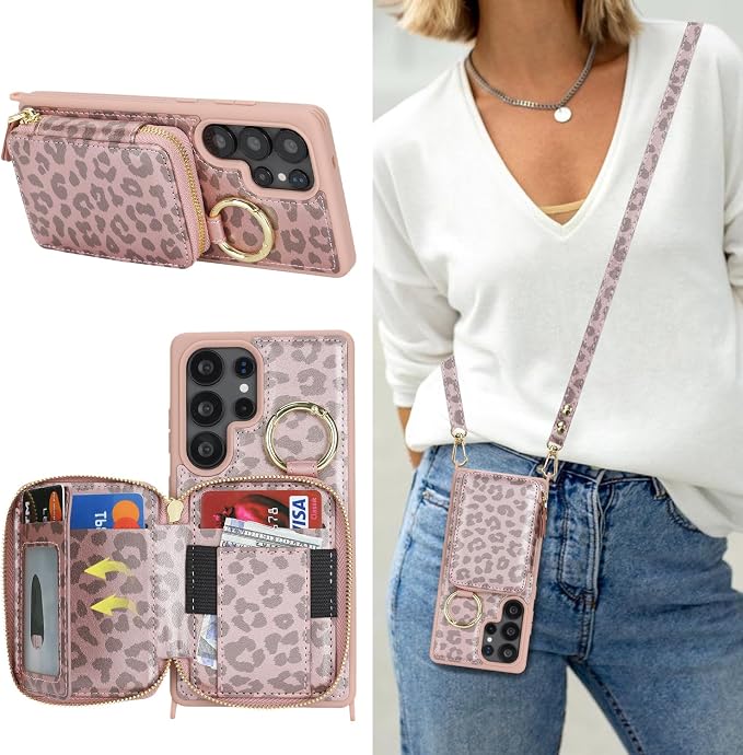 Crossbody Wallet Case for Galaxy S25 Ultra, PU Leather Zipper Handbag Purse Flip Cover, Kickstand Folio Case with Card Slots Holder Wrist Strap Lanyard -Pink Leopard