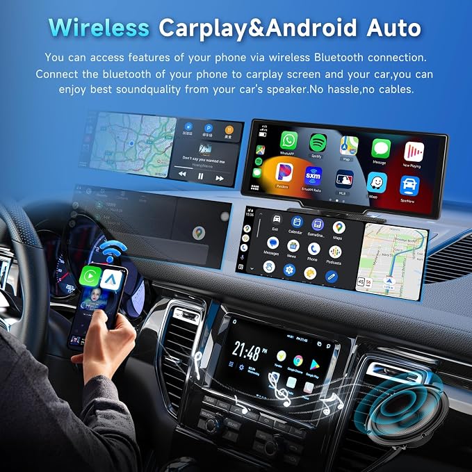 [2.5K Front Camera+64G TF Card] Wireless Carplay/Android Auto Portable Car Radio with 9.3" HD Touchscreen Dash Cam, Front/Rear View Camera Stereo Receiver Bluetooth FM Transmitter AUX
