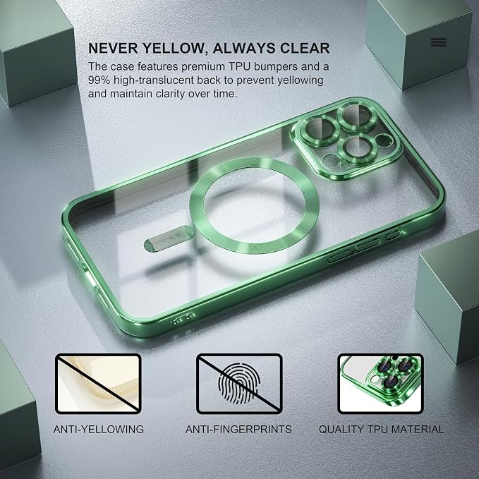 Misea Magnetic for iPhone 15 Pro Max Case with MagSafe [Never Yellowing] [Military Grade Drop Protection] Full Camera Lens Protector Plating Soft Clear Phone Case for Women Girls, Green