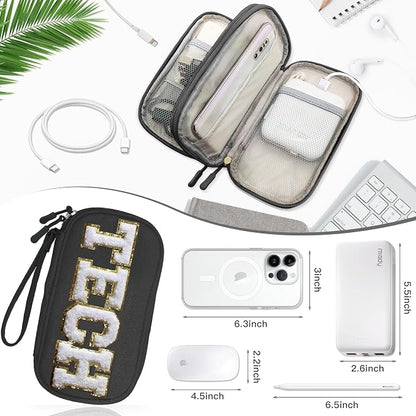 COSHAYSOO Small TECH Pouch Electronics Organizer Travel Bag Personalized Valentines Traveling Gifts for Women, Charging Cords Phone Charger USB Cable Management Airplane Cruise Essentials Black