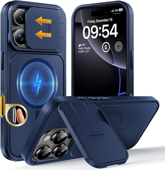 TOCOL for iPhone 16 Pro Max Case with Slide Camera Cover, Kickstand and Camera Control Button, Fit for MagSafe, Rugged Solid Phone Case, Non-Slip, Drop Protection, Blue