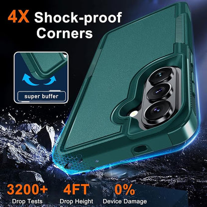 for Samsung Galaxy S26 Case with Screen Protector+Camera Lens Cover,Military Grade Heavy Duty Shockproof Phone Cover with Wrist Lanyard Strap for Samsung S26,Dark Green