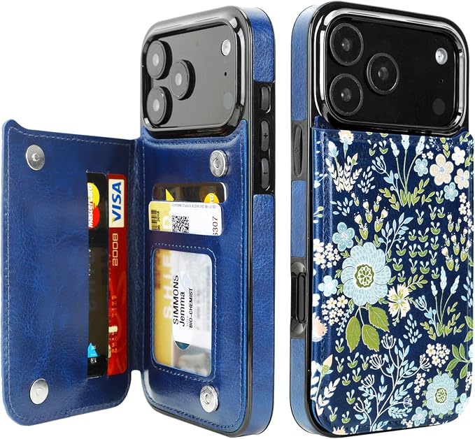 uCOLOR for iPhone 17 Pro Max Wallet Case with Card Holder PU Leather RFID Blocking Design iPhone 17 Pro Max flip case for Women Men Magnetic Clasp Kickstand Design 6.9 inch (Blue Daisy)