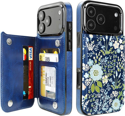 uCOLOR for iPhone 17 Pro Max Wallet Case with Card Holder PU Leather RFID Blocking Design iPhone 17 Pro Max flip case for Women Men Magnetic Clasp Kickstand Design 6.9 inch (Blue Daisy)