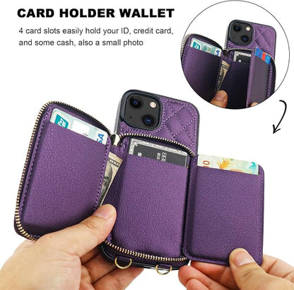 Bocasal Crossbody Wallet Case for iPhone 13, RFID Blocking PU Leather Zipper Handbag Purse Flip Cover, Kickstand Folio Case with Card Slots Holder Wrist Strap Lanyard 5G 6.1 Inch (Dark Purple)