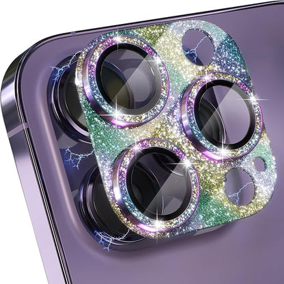 Choiche for iPhone 14 Pro/iPhone 14 Pro Max Camera Lens Protector, Bling Camera Cover with 9H Tempered Glass Lens Screen Protector Metal Ring Decoration Accessories (Glitter-Rainbow)