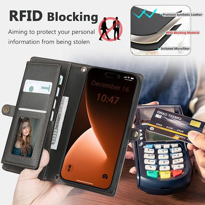 Wallet Case for iPhone 15 Pro with Card Holder/Crossbody Wallet/Strap| RFID Blocking | Magnetic | Kickstand | Detachable | PU Leather Phone Case for iPhone 15 Pro,6.1 in,Black
