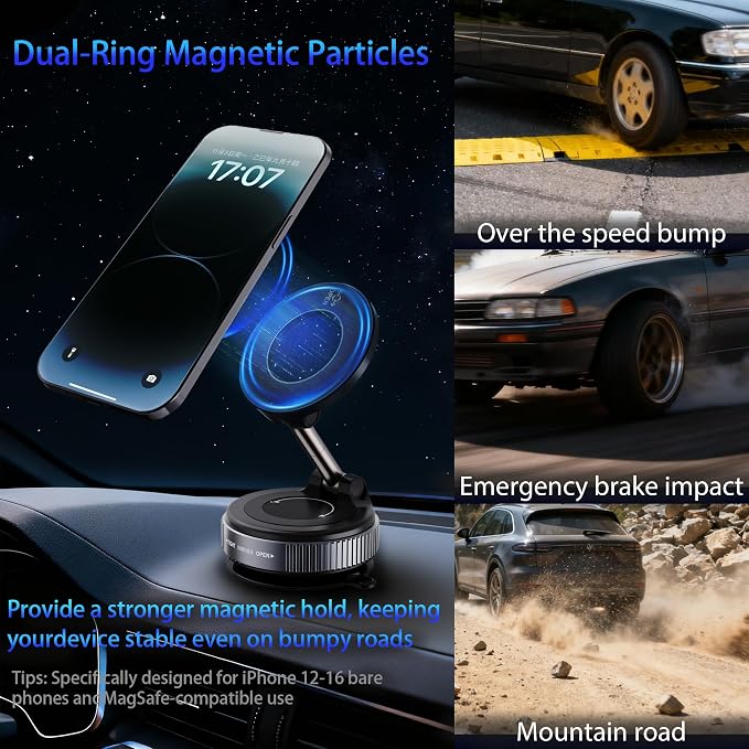 2026 Upgraded Vacuum Magnetic Car Phone Holder 360° Reinforced 96LBS Ultra Suction Cup Phone Mount for MagSafe Cell Phone Holders for Your Car/Gym/Mirror Mount for iPhone & Android