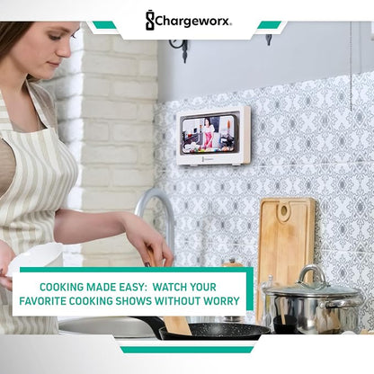 CHARGEWORX Waterproof Shower Phone Holder Wall Mount, Anti-Fog Touchscreen Phone Case for Bathroom, Universal Smartphone Holder up to 7”, Hands-Free Cell Phone Stand, White