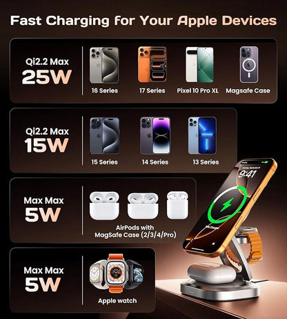 Qi2.2 25W 3-in-1 Wireless Charger for iPhone 17/16 Series, Foldable Wireless Charging Station Compatible with MagSafe, 360° Swivel Zinc Alloy Base for Apple Watch & AirPods (45W Adapter Included)