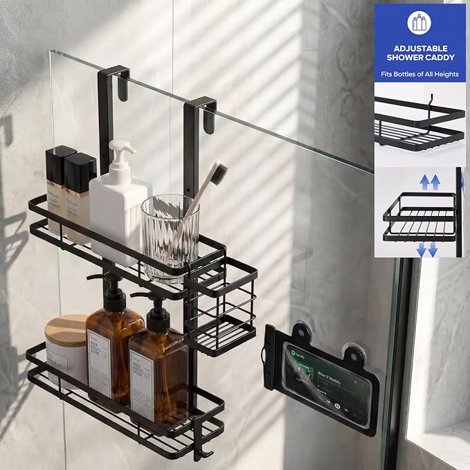 Over the Door Shower Caddy Hanging, Rustproof Shower Shelves with Waterproof Phone Pouch, 2-Tier Adjustable Bathroom Organizers and Storage, No Drilling Shower Shelf, Black Shampoo Soap Holder