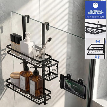 Over the Door Shower Caddy Hanging, Rustproof Shower Shelves with Waterproof Phone Pouch, 2-Tier Adjustable Bathroom Organizers and Storage, No Drilling Shower Shelf, Black Shampoo Soap Holder
