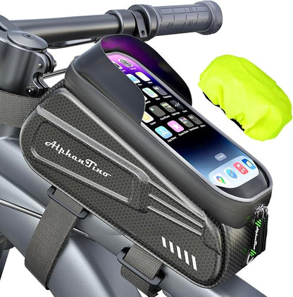Bike Phone Holder Bag - Waterproof Hard Case Large Capacity Top Tube Front Frame Bicycle Pouch Cycling Mount, Bike Accessories, TPU Touch-Screen & Sun-Visor (Green ZIpper)
