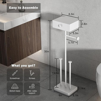 VOLDRA Toilet Paper Holder Stand with Shelf, Free Standing Toilet Paper Roll Holder with Wipes Storage Drawer Heavy Duty Floor Bathroom Tissue Holder Freestanding No Drill Tp Holder for 7 Rolls(White)