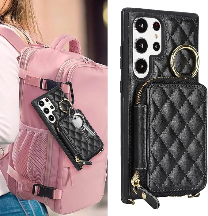 Crossbody Wallet Case for Galaxy S23 Ultra, PU Leather Zipper Handbag Purse Flip Cover, Kickstand Folio Case with Card Slots Holder Wrist Strap Lanyard -Black