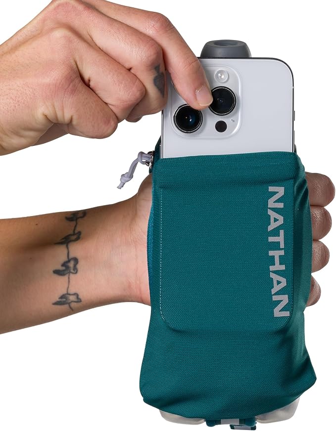 Nathan SpeedDraw 2 Insulated Handheld Running Water Bottle Flask – Double-Wall Insulation, Ergonomic Grip, Blast Valve Cap, Phone & Key Storage Pockets, Reflective Design, 12oz Insulated - Deep Teal