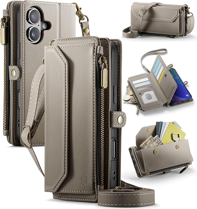 Strapurs Wallet Case Compatible with iPhone 16 Plus 6.7" RFID Blocking 10-Card Holder Soft PU Leather Magnetic Snap Shoulder Strap Zipper Pocket Phone Case Fit for iPhone 16 Plus - Grey