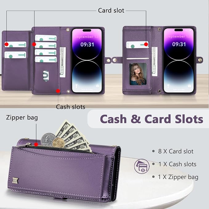 Wallet Case for iPhone 14 Pro with Card Holder/Crossbody Wallet/Strap| RFID Blocking | Magnetic | Kickstand | Detachable | PU Leather Phone Case for iPhone 14 Pro,6.1 in,Purple