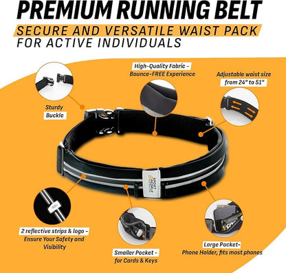 Slim Running Belt for Women and Men, Waterproof Phone Holder for Running, Reflective 2-Pocket Waist Pack for Storing Runner’s Essentials Safely, Runner’s Fanny Pack, Money Belt Fits Most Phones