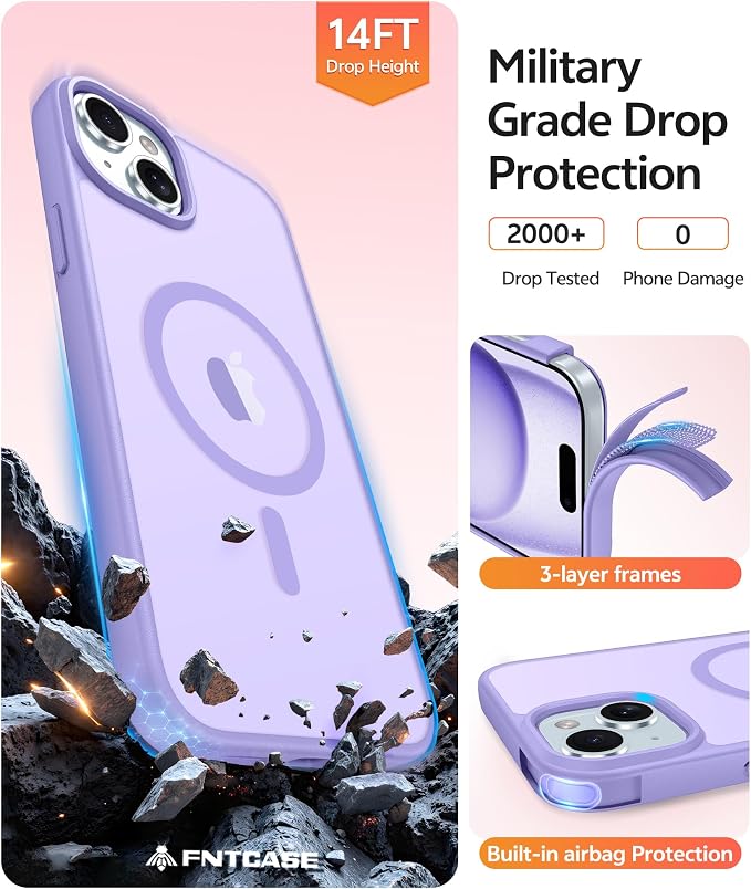 FNTCASE for iPhone 15 Case: for iPhone 14 Case & iPhone 13 Case [Compatible with Magsafe] Translucent Matte Cases with [Screen Protector] Military Grade Shockproof Protective Phone Cover - LightPurple