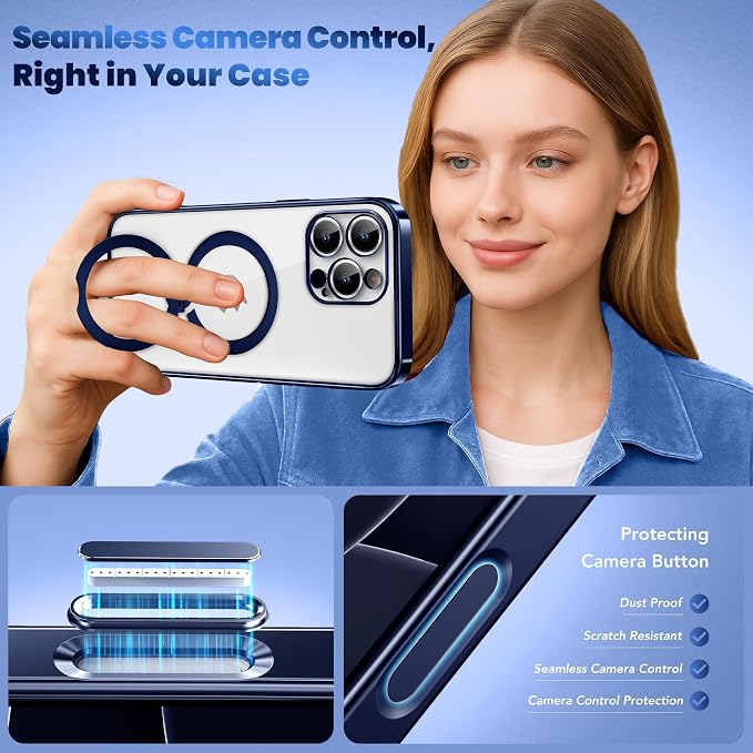 GolbinBox for iPhone 16 Pro Max Case with 360° Spin Magnetic Stand,[Compatible with Magsafe] [Military Protection][Built-in Ring Holder] Camera Control Phone Case for 16 Pro Max,Dark Blue/Clear